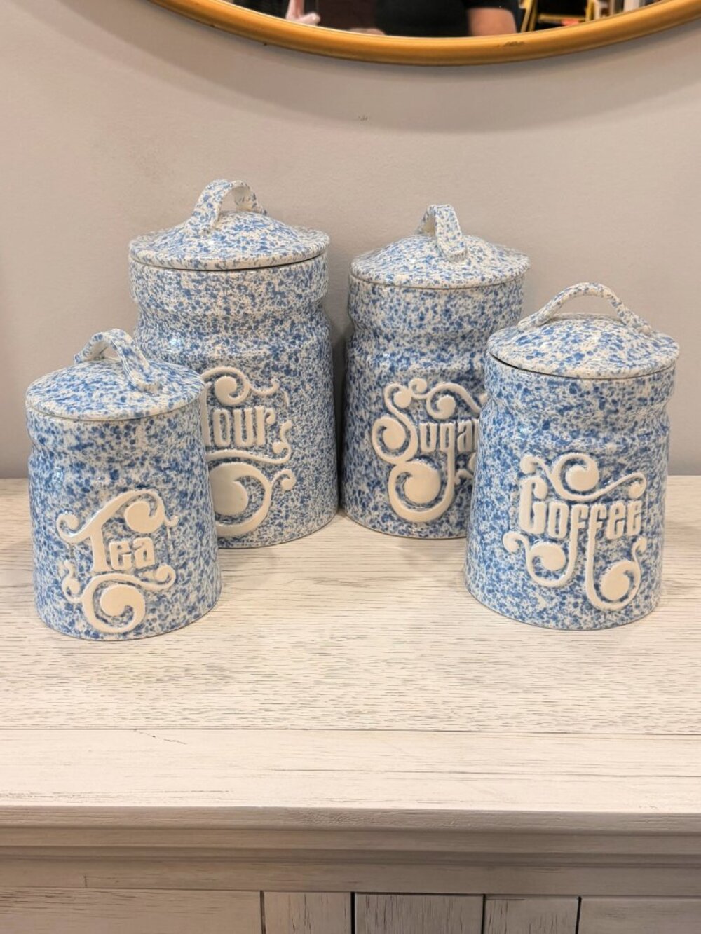 Vintage Blue & White Spongeware Ceramic Canister Set TREASURE CRAFT Pottery USA